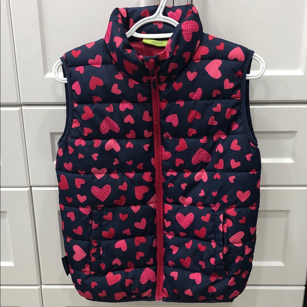 🩷Mountain Warehouse Girls Puffer Vest – Navy Blue with Pink Hearts – Size 11–12